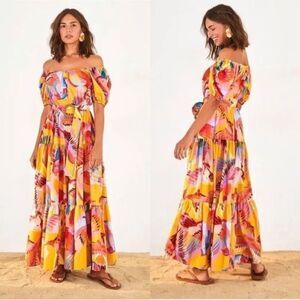 FARM Rio Neon Macaws Puff Sleeve Belted Cotton Maxi Dress